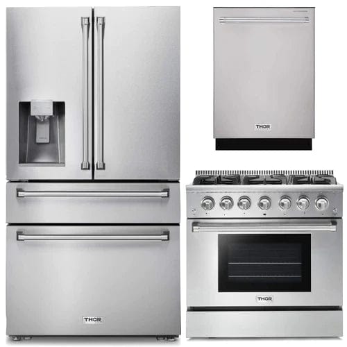 Thor Kitchen 3-Piece Pro Appliance Package - 36-Inch Gas Range, Dishwasher & Refrigerator with Water Dispenser in Stainless Steel I Luxury Appliances Direct