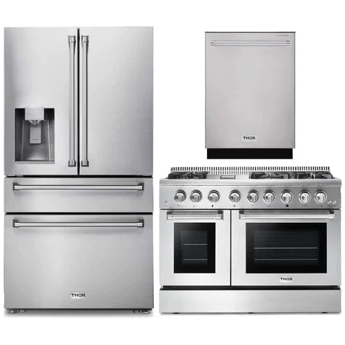Thor Kitchen 3-Piece Pro Appliance Package - 48-Inch Dual Fuel Range, Dishwasher & Refrigerator with Water Dispenser in Stainless Steel I Luxury Appliances Direct