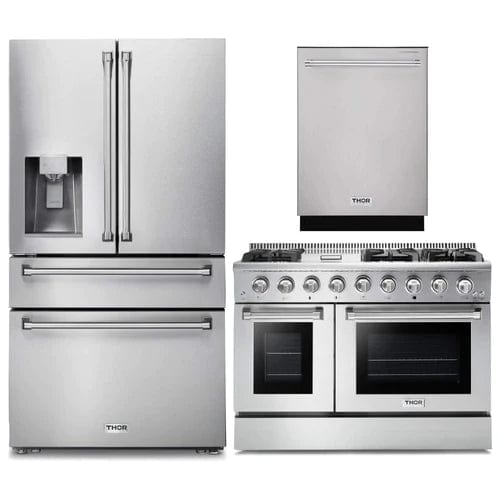 Thor Kitchen 3-Piece Pro Appliance Package - 48-Inch Gas Range, Dishwasher & Refrigerator with Water Dispenser in Stainless Steel I Luxury Appliances Direct
