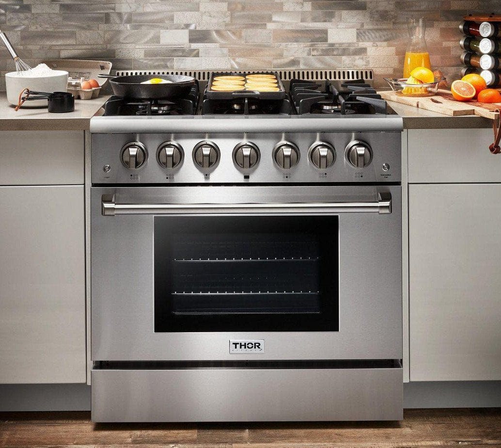 Thor Kitchen 36 in. 5.2 cu. ft. Professional Propane Gas Range in Stainless Steel HRG3618ULP I Luxury Appliances Direct