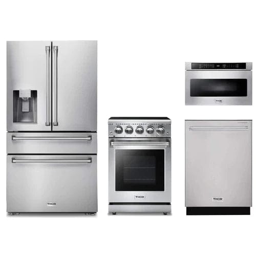 Thor Kitchen 4-Piece Appliance Package - 24-Inch Electric Range, Refrigerator with Water Dispenser, Dishwasher, & Microwave Drawer in Stainless Steel I Luxury Appliances Direct