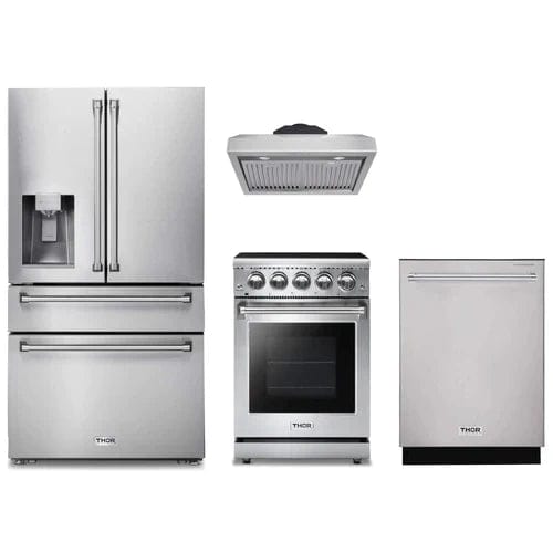 Thor Kitchen 4-Piece Appliance Package - 24-Inch Electric Range, Refrigerator with Water Dispenser, Under Cabinet Hood, & Dishwasher in Stainless Steel I Luxury Appliances Direct