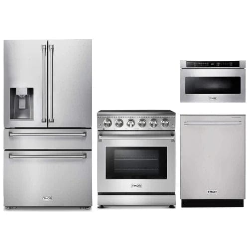 Thor Kitchen 4-Piece Appliance Package - 30-Inch Electric Range, Refrigerator with Water Dispenser, Dishwasher, & Microwave Drawer in Stainless Steel I Luxury Appliances Direct