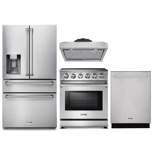 Thor Kitchen 4-Piece Appliance Package - 30-Inch Electric Range, Refrigerator with Water Dispenser, Under Cabinet Hood, & Dishwasher in Stainless Steel I Luxury Appliances Direct