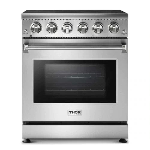 Thor Kitchen 4-Piece Appliance Package - 30-Inch Electric Range, Refrigerator with Water Dispenser, Under Cabinet Hood, & Dishwasher in Stainless Steel I Luxury Appliances Direct