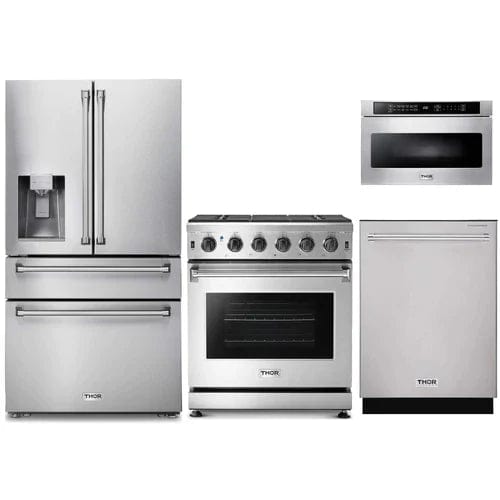 Thor Kitchen 4-Piece Appliance Package - 30-Inch Gas Range, Refrigerator with Water Dispenser, Dishwasher, & Microwave Drawer in Stainless Steel I Luxury Appliances Direct