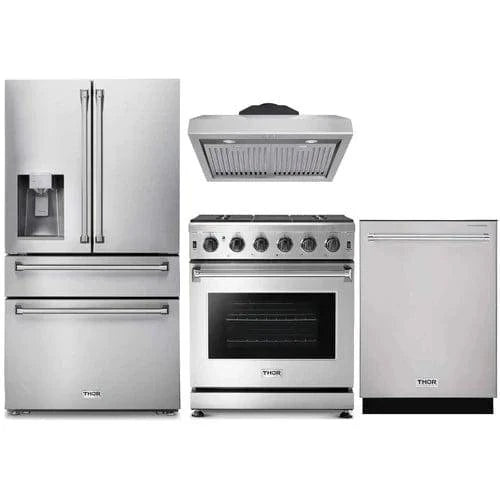 Thor Kitchen 4-Piece Appliance Package - 30-Inch Gas Range, Refrigerator with Water Dispenser, Under Cabinet Hood & Dishwasher in Stainless Steel I Luxury Appliances Direct