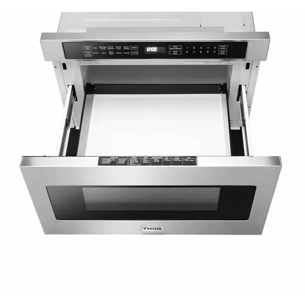 Thor Kitchen 4-Piece Appliance Package - 36-Inch Electric Range, Refrigerator with Water Dispenser, Dishwasher, & Microwave Drawer in Stainless Steel I Luxury Appliances Direct