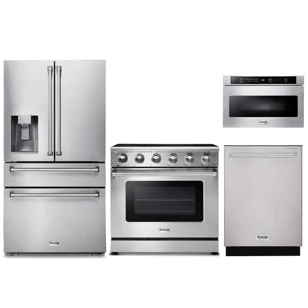 Thor Kitchen 4-Piece Appliance Package - 36-Inch Electric Range, Refrigerator with Water Dispenser, Dishwasher, & Microwave Drawer in Stainless Steel I Luxury Appliances Direct