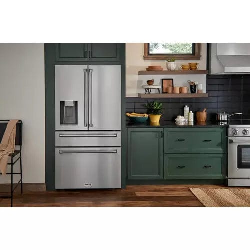 Thor Kitchen 4-Piece Appliance Package - 36-Inch Electric Range, Refrigerator with Water Dispenser, Under Cabinet Hood, & Dishwasher in Stainless Steel I Luxury Appliances Direct