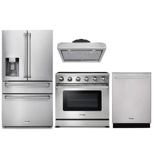 Thor Kitchen 4-Piece Appliance Package - 36-Inch Electric Range, Refrigerator with Water Dispenser, Under Cabinet Hood, & Dishwasher in Stainless Steel I Luxury Appliances Direct