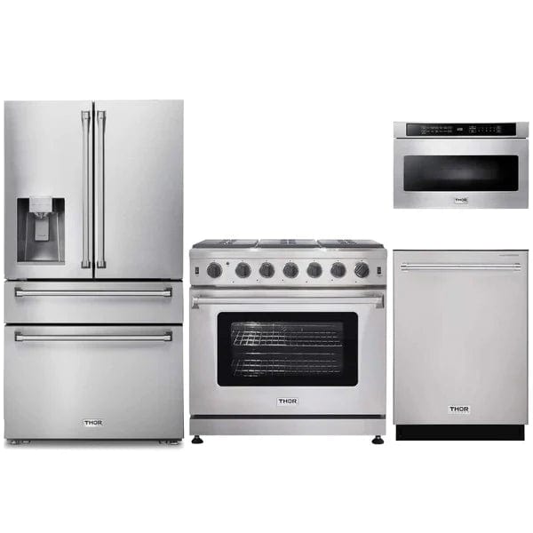 Thor Kitchen 4-Piece Appliance Package - 36-Inch Gas Range, Refrigerator with Water Dispenser, Dishwasher, & Microwave Drawer in Stainless Steel I Luxury Appliances Direct