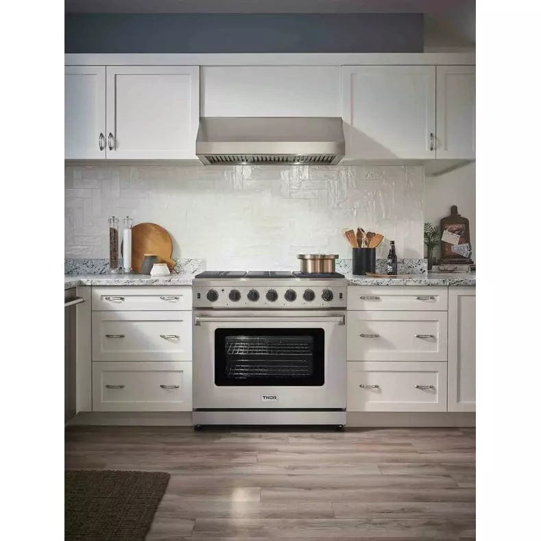 Thor Kitchen 4-Piece Appliance Package - 36-Inch Gas Range, Refrigerator with Water Dispenser, Dishwasher, & Microwave Drawer in Stainless Steel I Luxury Appliances Direct