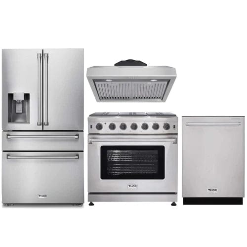 Thor Kitchen 4-Piece Appliance Package - 36-Inch Gas Range, Refrigerator with Water Dispenser, Under Cabinet Hood & Dishwasher in Stainless Steel I Luxury Appliances Direct