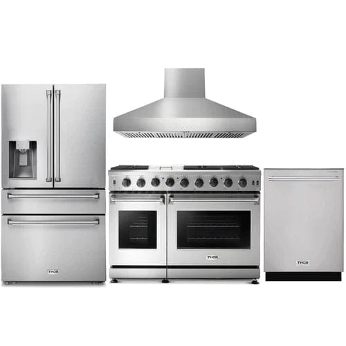 Thor Kitchen 4-Piece Appliance Package - 48-Inch Gas Range, Pro Wall Mount Hood, Refrigerator with Water Dispenser, & Dishwasher in Stainless Steel I Luxury Appliances Direct