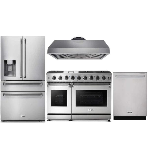 Thor Kitchen 4-Piece Appliance Package - 48-Inch Gas Range, Refrigerator with Water Dispenser, & Dishwasher in Stainless Steel I Luxury Appliances Direct