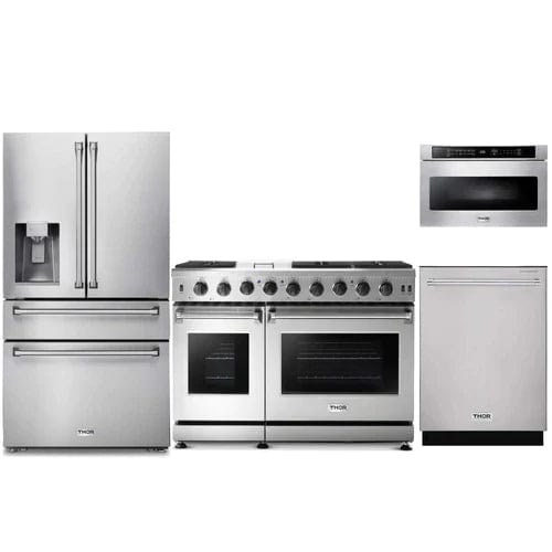 Thor Kitchen 4-Piece Appliance Package - 48-Inch Gas Range, Refrigerator with Water Dispenser, Dishwasher, & Microwave Drawer in Stainless Steel I Luxury Appliances Direct