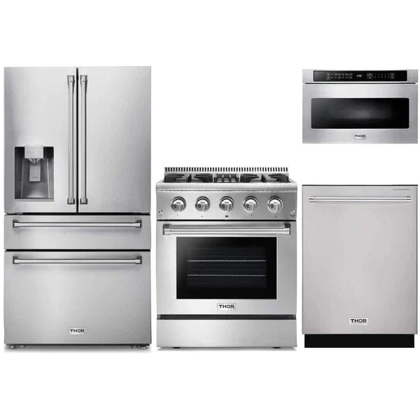 Thor Kitchen 4-Piece Pro Appliance Package - 30" Dual Fuel Range, Refrigerator with Water Dispenser, Dishwasher, and Microwave Drawer in Stainless Steel I Luxury Appliances Direct