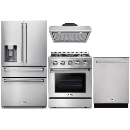 Thor Kitchen 4-Piece Pro Appliance Package - 30-Inch Dual Fuel Range, Refrigerator with Water Dispenser, Under Cabinet Hood & Dishwasher in Stainless Steel I Luxury Appliances Direct