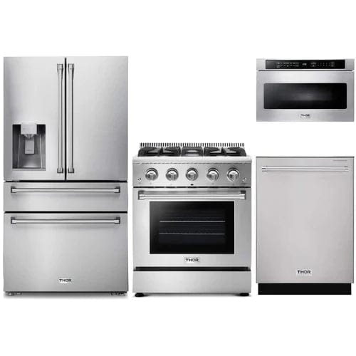 Thor Kitchen 4-Piece Pro Appliance Package - 30-Inch Gas Range, Refrigerator with Water Dispenser, Dishwasher, & Microwave Drawer in Stainless Steel I Luxury Appliances Direct