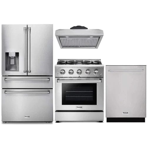 Thor Kitchen 4-Piece Pro Appliance Package - 30-Inch Gas Range, Refrigerator with Water Dispenser, Under Cabinet Hood & Dishwasher in Stainless Steel I Luxury Appliances Direct
