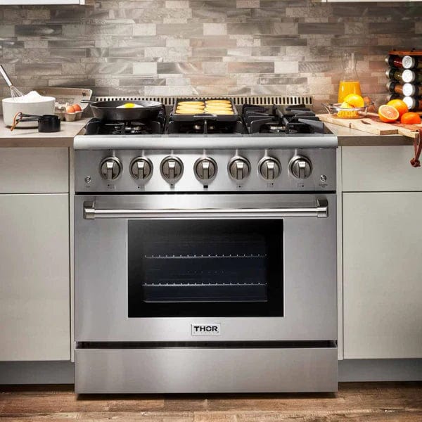 Thor Kitchen 4-Piece Pro Appliance Package - 36-Inch Gas Range, Refrigerator with Water Dispenser, Dishwasher, & Microwave Drawer in Stainless Steel I Luxury Appliances Direct