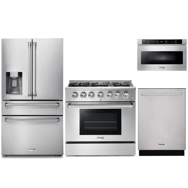 Thor Kitchen 4-Piece Pro Appliance Package - 36-Inch Gas Range, Refrigerator with Water Dispenser, Dishwasher, & Microwave Drawer in Stainless Steel I Luxury Appliances Direct