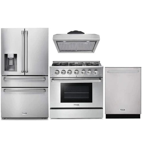 Thor Kitchen 4-Piece Pro Appliance Package - 36-Inch Gas Range, Refrigerator with Water Dispenser, Under Cabinet Hood & Dishwasher in Stainless Steel I Luxury Appliances Direct