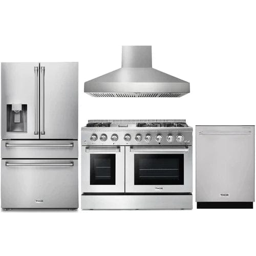 Thor Kitchen 4-Piece Pro Appliance Package - 48-Inch Dual Fuel Range, Pro Wall Mount Hood, Refrigerator with Water Dispenser, & Dishwasher in Stainless Steel I Luxury Appliances Direct