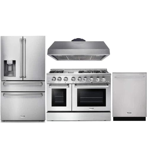 Thor Kitchen 4-Piece Pro Appliance Package - 48-Inch Dual Fuel Range, Refrigerator with Water Dispenser, & Dishwasher in Stainless Steel I Luxury Appliances Direct