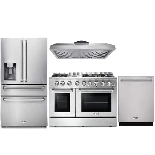 Thor Kitchen 4-Piece Pro Appliance Package - 48-Inch Dual Fuel Range, Refrigerator with Water Dispenser, & Dishwasher in Stainless Steel I Luxury Appliances Direct