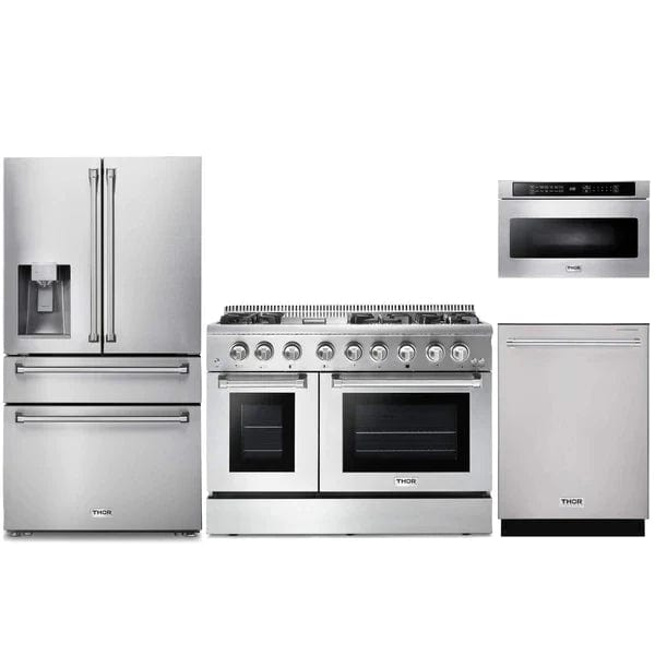 Thor Kitchen 4-Piece Pro Appliance Package - 48-Inch Dual Fuel Range, Refrigerator with Water Dispenser, Dishwasher, & Microwave Drawer in Stainless Steel I Luxury Appliances Direct