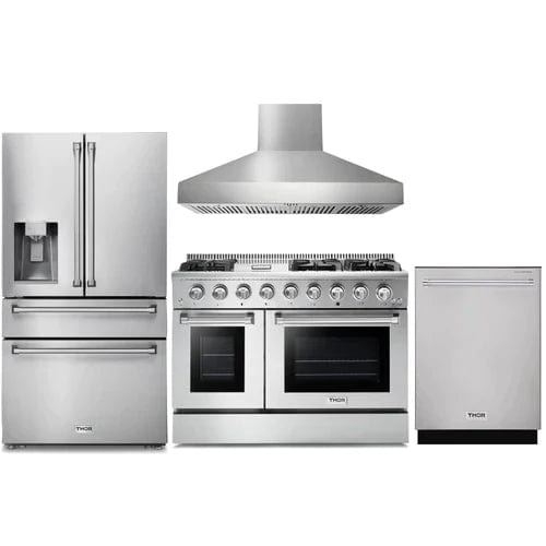Thor Kitchen 4-Piece Pro Appliance Package - 48-Inch Gas Range, Pro Wall Mount Hood, Refrigerator with Water Dispenser, & Dishwasher in Stainless Steel I Luxury Appliances Direct