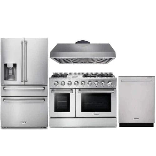 Thor Kitchen 4-Piece Pro Appliance Package - 48-Inch Gas Range, Refrigerator with Water Dispenser, & Dishwasher in Stainless Steel I Luxury Appliances Direct