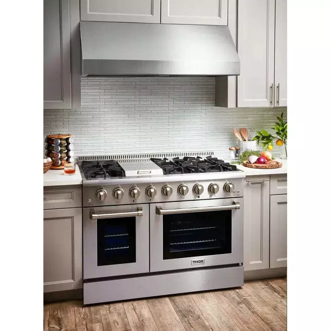 Thor Kitchen 4-Piece Pro Appliance Package - 48-Inch Gas Range, Refrigerator with Water Dispenser, & Dishwasher in Stainless Steel I Luxury Appliances Direct