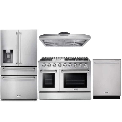 Thor Kitchen 4-Piece Pro Appliance Package - 48-Inch Gas Range, Refrigerator with Water Dispenser, & Dishwasher in Stainless Steel I Luxury Appliances Direct
