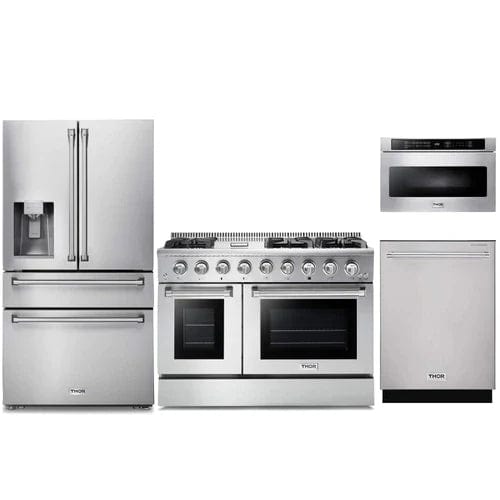 Thor Kitchen 4-Piece Pro Appliance Package - 48-Inch Gas Range, Refrigerator with Water Dispenser, Dishwasher, & Microwave Drawer in Stainless Steel I Luxury Appliances Direct