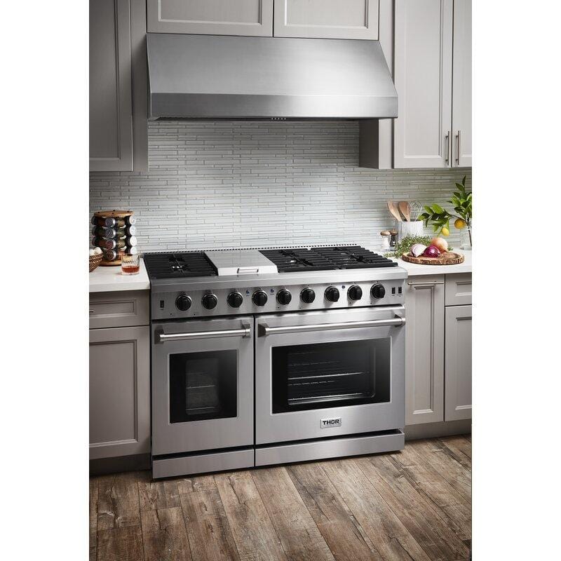Thor Kitchen 48 in. 6.8 cu. ft. Double Oven Natural Gas Range in Stainless Steel LRG4807U I Luxury Appliances Direct