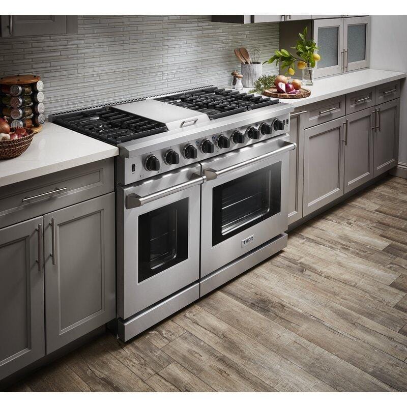 Thor Kitchen 48 in. 6.8 cu. ft. Double Oven Natural Gas Range in Stainless Steel LRG4807U I Luxury Appliances Direct
