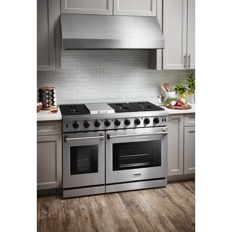 Thor Kitchen 48 in. 6.8 cu. ft. Double Oven Propane Gas Range in Stainless Steel LRG4807ULP I Luxury Appliances Direct