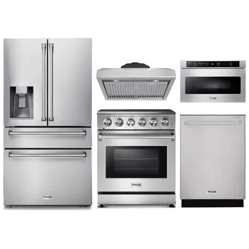 Thor Kitchen 5-Piece Appliance Package - 30-Inch Electric Range, Refrigerator with Water Dispenser, Under Cabinet Hood, Dishwasher, & Microwave Drawer in Stainless Steel I Luxury Appliances Direct