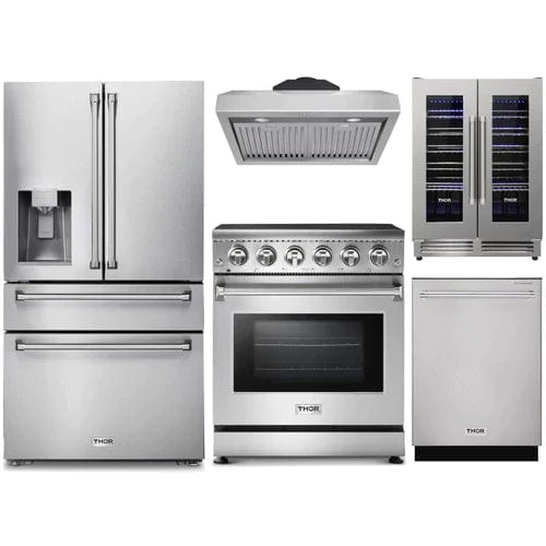 Thor Kitchen 5-Piece Appliance Package - 30-Inch Electric Range, Refrigerator with Water Dispenser, Under Cabinet Hood, Dishwasher, & Wine Cooler in Stainless Steel I Luxury Appliances Direct