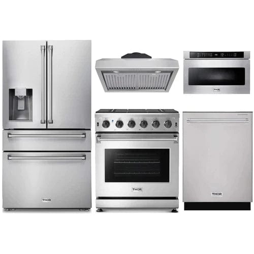 Thor Kitchen 5-Piece Appliance Package - 30-Inch Gas Range, Refrigerator with Water Dispenser, Under Cabinet Hood, Dishwasher, & Microwave Drawer in Stainless Steel I Luxury Appliances Direct