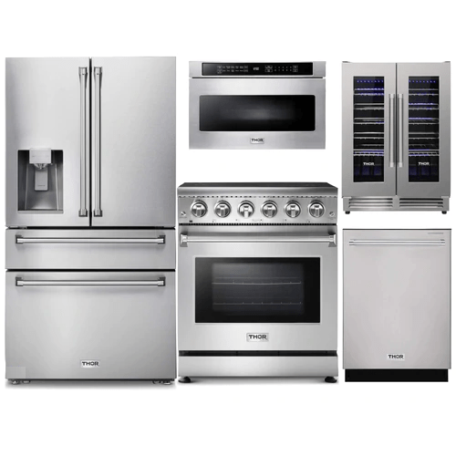 Thor Kitchen 5-Piece Appliance Package - 36-Inch Electric Range, Refrigerator with Water Dispenser, Dishwasher, Microwave Drawer, & Wine Cooler in Stainless Steel I Luxury Appliances Direct