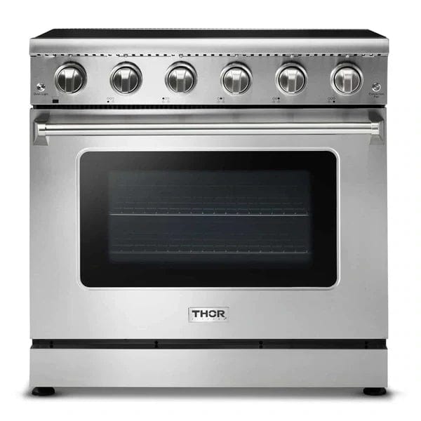 Thor Kitchen 5-Piece Appliance Package - 36-Inch Electric Range, Refrigerator with Water Dispenser, Under Cabinet Hood, Dishwasher, & Microwave Drawer in Stainless Steel I Luxury Appliances Direct