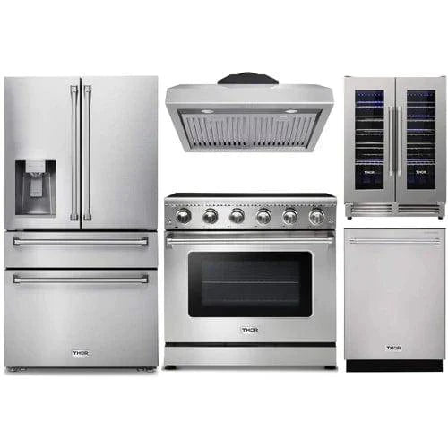 Thor Kitchen 5-Piece Appliance Package - 36-Inch Electric Range, Refrigerator with Water Dispenser, Under Cabinet Hood, Dishwasher, & Wine Cooler in Stainless Steel I Luxury Appliances Direct