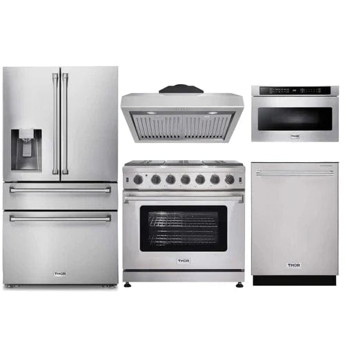 Thor Kitchen 5-Piece Appliance Package - 36-Inch Gas Range, Refrigerator with Water Dispenser, Under Cabinet Hood, Dishwasher, & Microwave Drawer in Stainless Steel I Luxury Appliances Direct