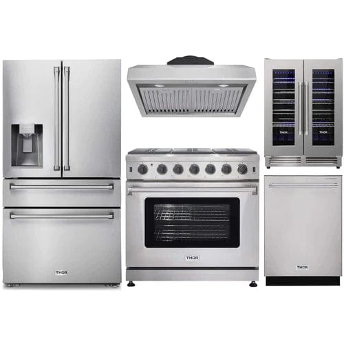 Thor Kitchen 5-Piece Appliance Package - 36-Inch Gas Range, Refrigerator with Water Dispenser, Under Cabinet Hood, Dishwasher, & Wine Cooler in Stainless Steel I Luxury Appliances Direct