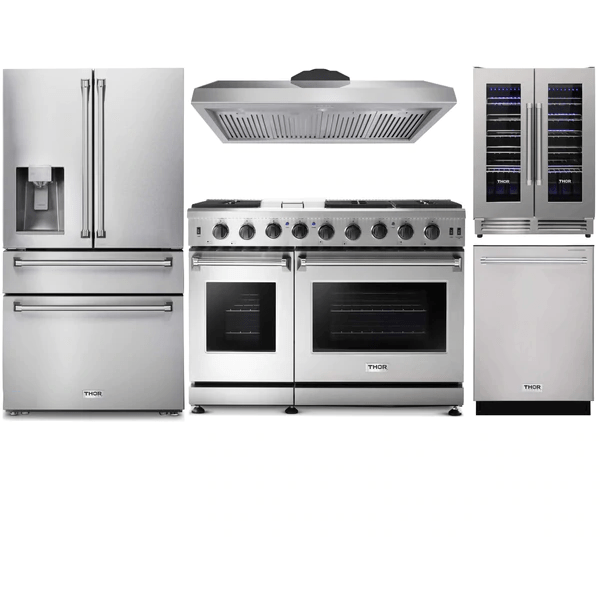 Thor Kitchen 5-Piece Appliance Package - 48-Inch Gas Range, Refrigerator with Water Dispenser, Dishwasher, & Wine Cooler in Stainless Steel I Luxury Appliances Direct