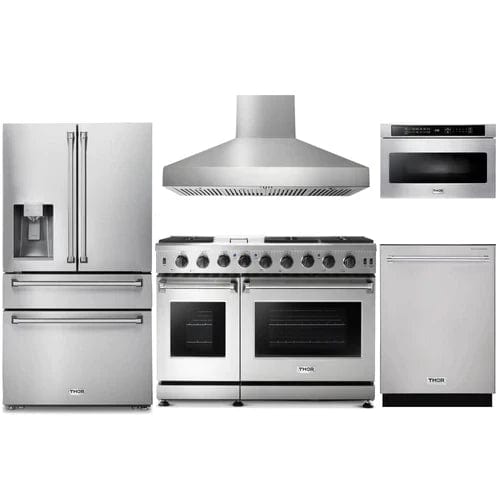 Thor Kitchen 5-Piece Appliance Package - 48-Inch Gas Range, Refrigerator with Water Dispenser, Pro Wall Mount Hood, Dishwasher, & Microwave Drawer in Stainless Steel I Luxury Appliances Direct